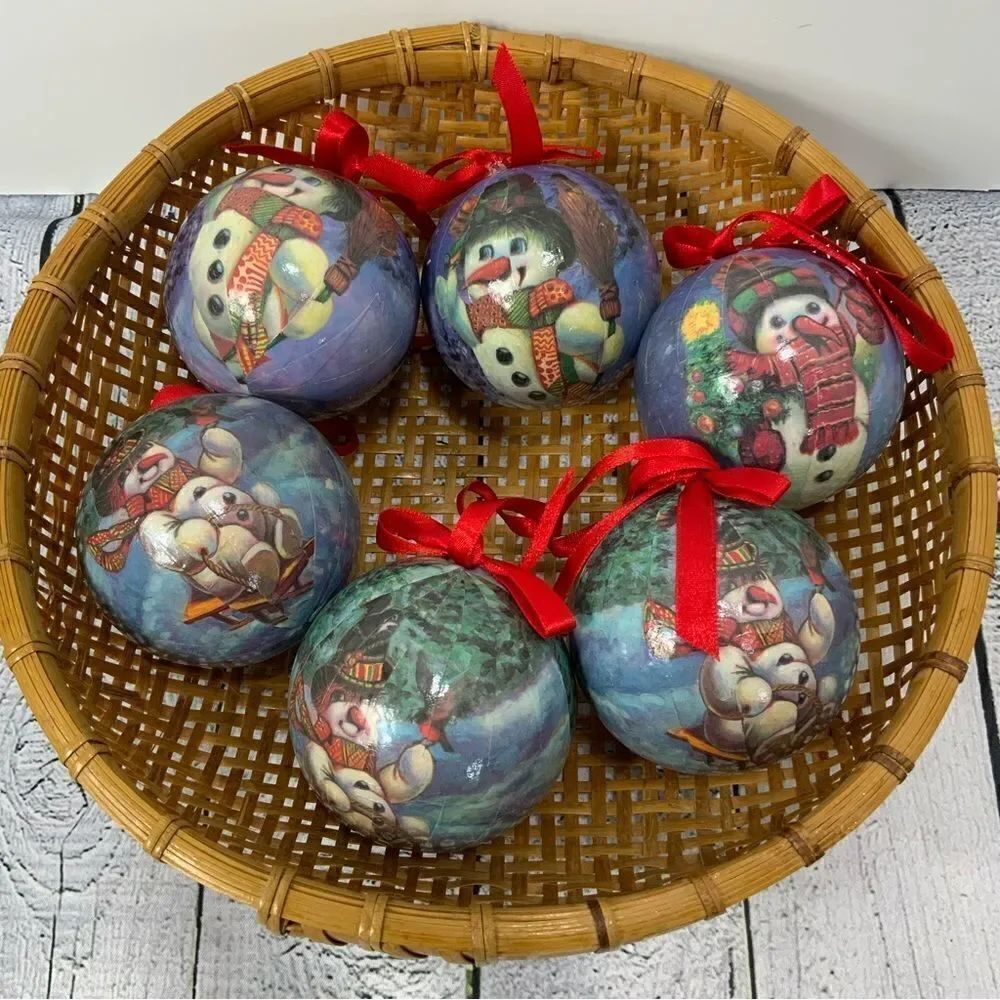 Lot of 6 paper mache decoupage snowman ornaments Christmas bulbs